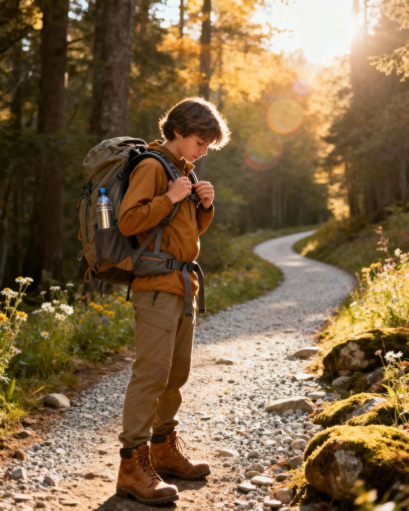 Beginner hiker adjusting a small daypack on a clearly marked forest trail, wearing supportive boots and moisture-wicking layers.