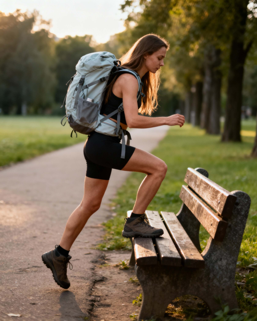 Beginner hiker doing step-ups on a park bench with a light backpack to train leg strength for hiking.