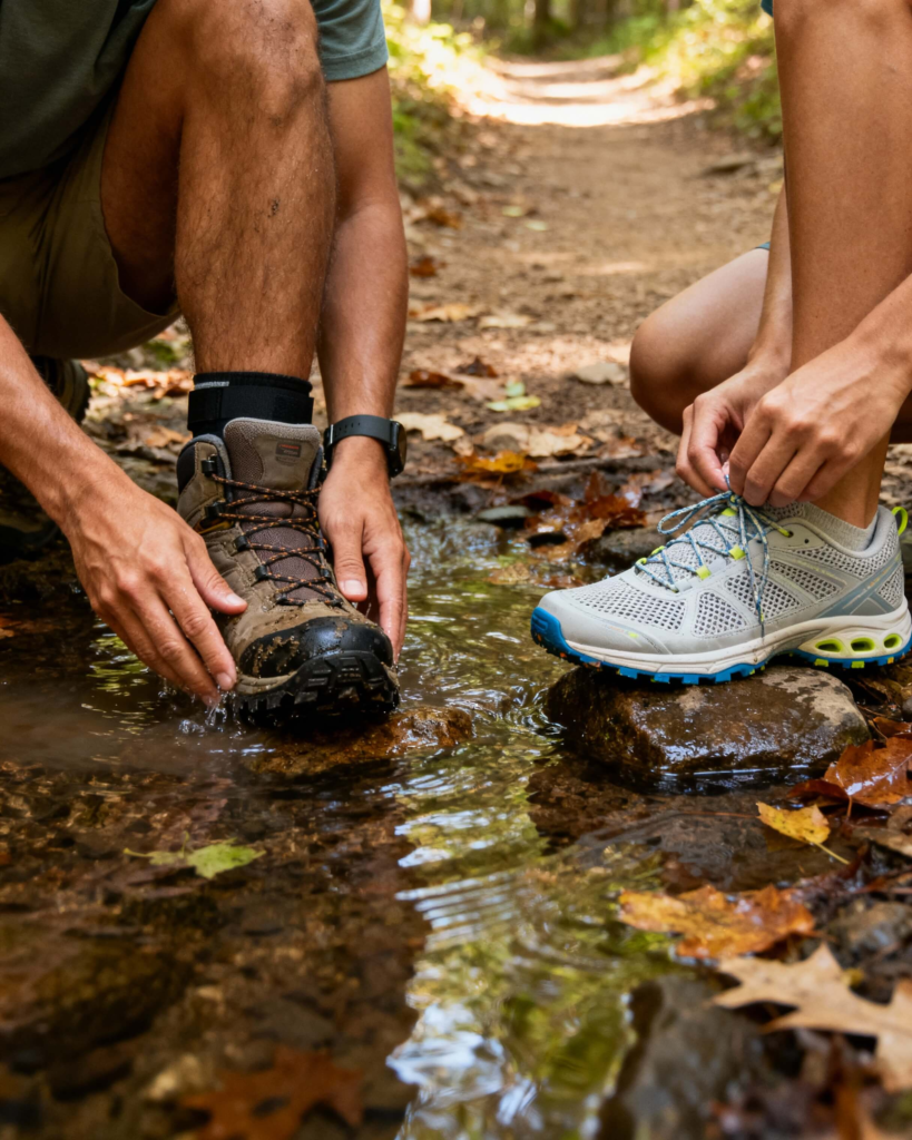 Two beginner hikers cleaning their footwear beside a forest creek, one wearing hiking boots and the other wearing trail runners after a day hike.