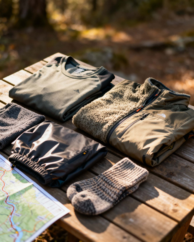 Base layer, fleece mid layer, and waterproof shell arranged on a wooden surface with hiking pants and socks beside a trail map.