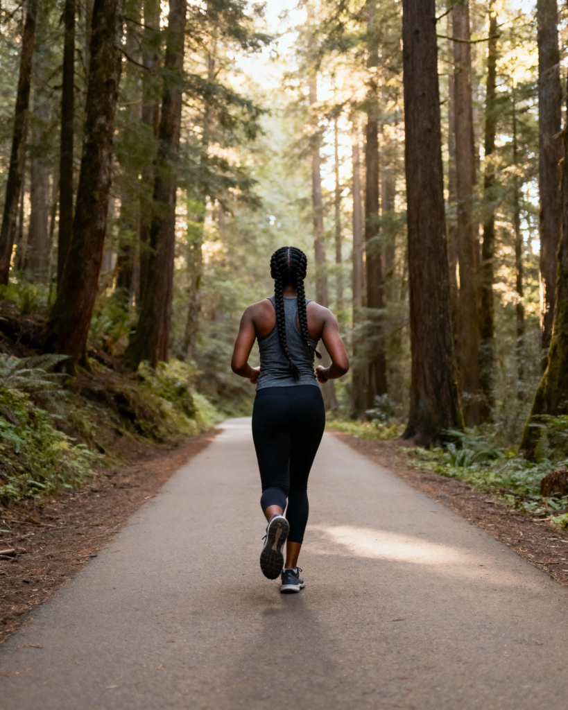 Beginner hiker practicing interval training on a forest trail by alternating uphill effort with easy recovery.