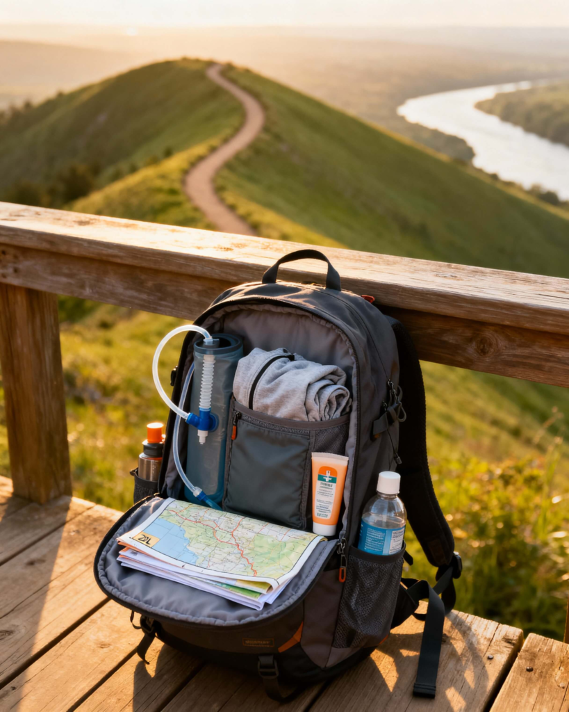 A 20L daypack with hydration sleeve, water bottle, first-aid kit, and extra layers organized on a wooden overlook with a trail in the background.