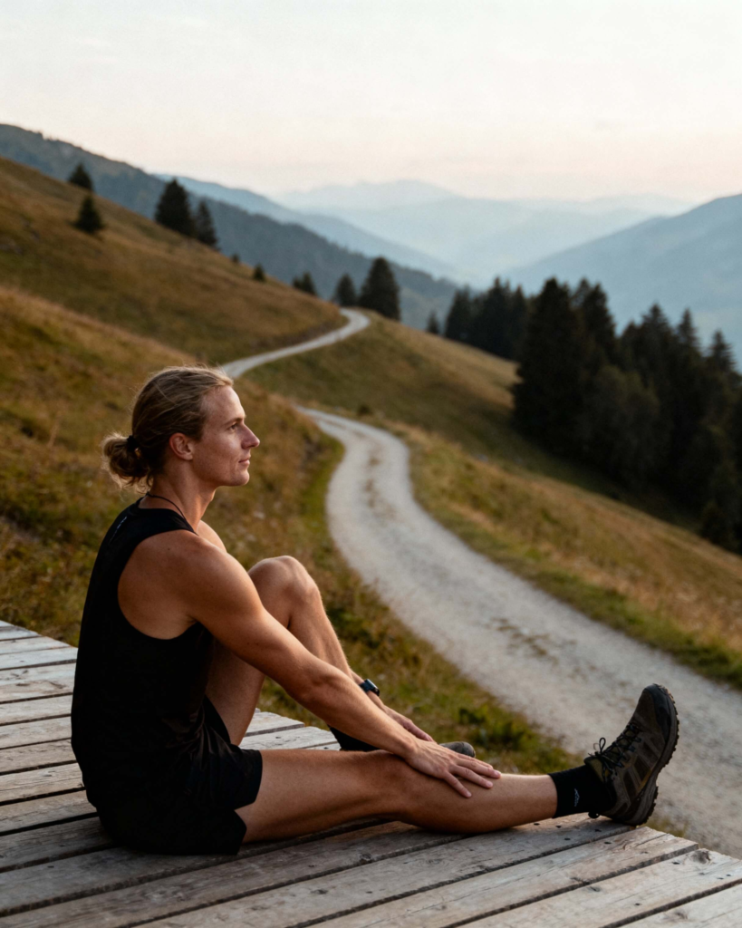 Beginner hiker stretching legs after a hike on a wooden overlook to support flexibility and recovery.