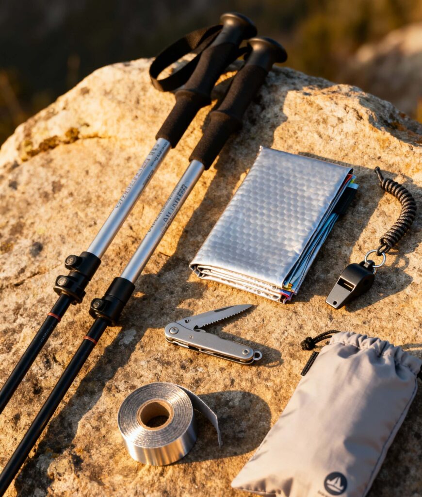 Beginner hiking accessories—including trekking poles, emergency blanket, multi-tool, repair tape, whistle, and bathroom kit—arranged on a rock at a forest trailhead.