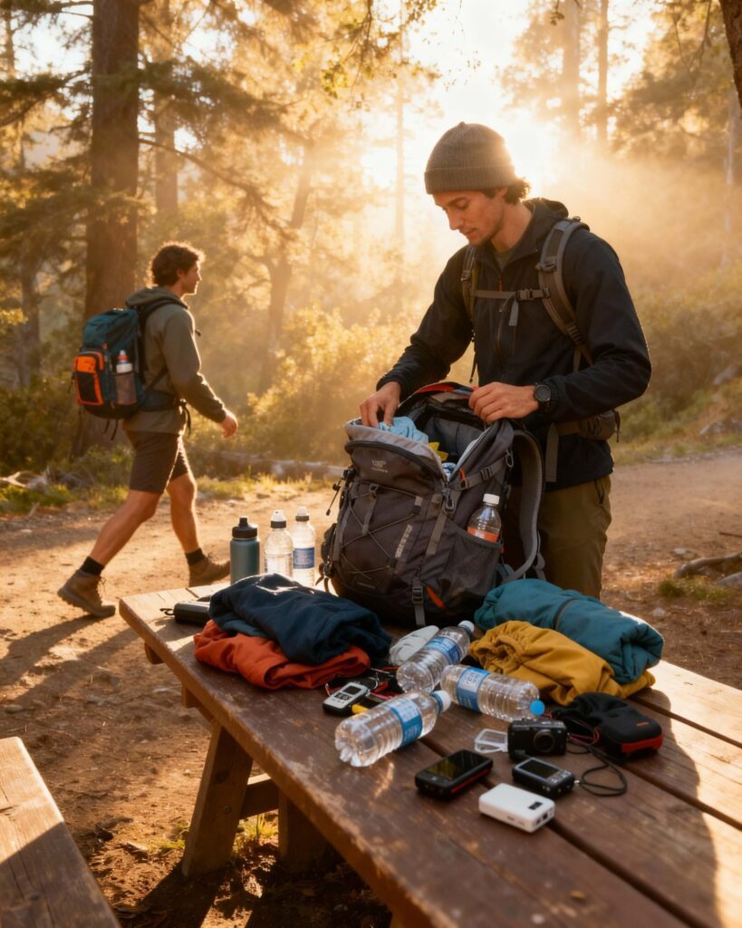 Beginner hiker unpacking an overloaded daypack at a trailhead bench, with excess gear scattered and a well-packed hiker walking past.