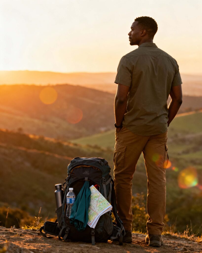 Beginner hiker standing at a sunset overlook with a daypack beside them, reflecting after completing a hike through rolling hills.