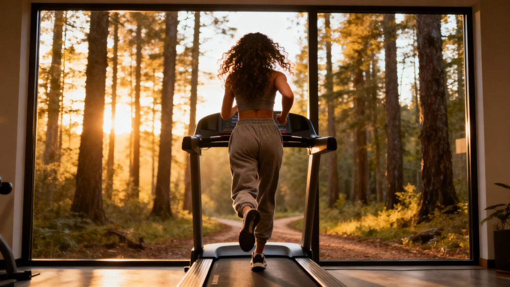 Woman running on a treadmill indoors while looking out at a forest landscape during golden hour, representing beginner hiking training and getting in shape for a first hike.