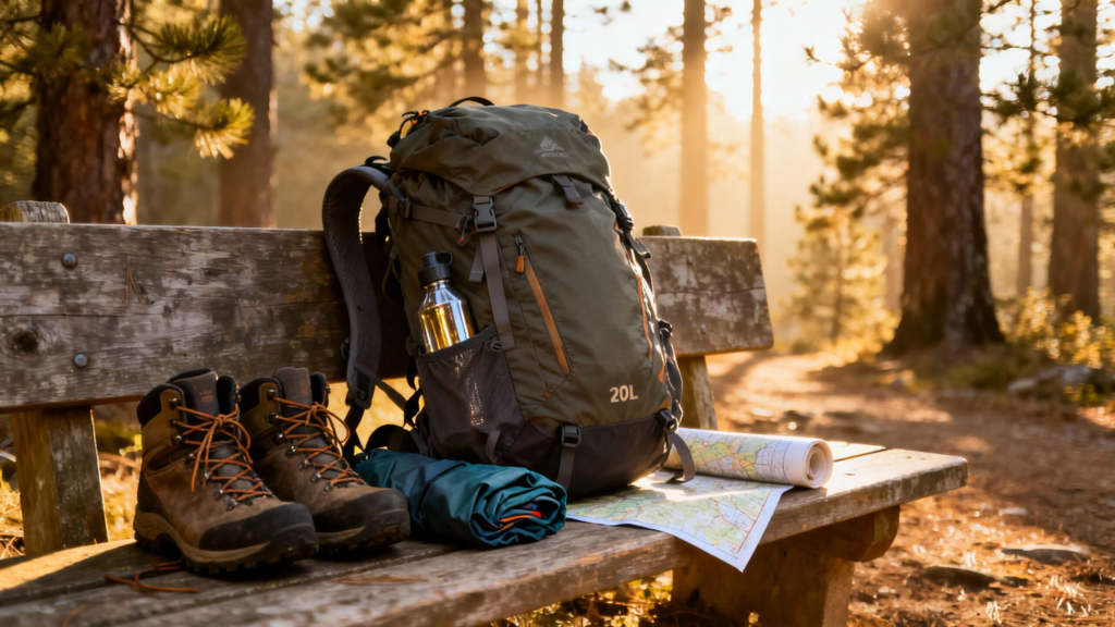Daypack with beginner hiking essentials—boots, water bottle, map, and jacket—sitting on a bench near a wooded trailhead at sunrise.