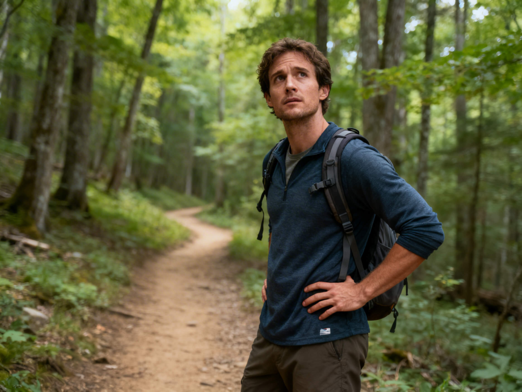 Intermediate hiker pauses thoughtfully on a calm forest trail, reflecting before continuing down a safe-looking wooded path.