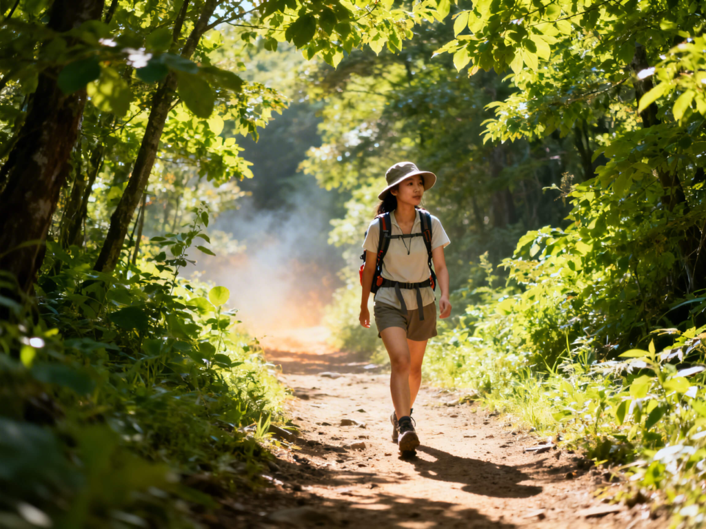 Beginner hiker walking on a sunny forest trail in summer heat wearing lightweight clothing and carrying a small daypack.