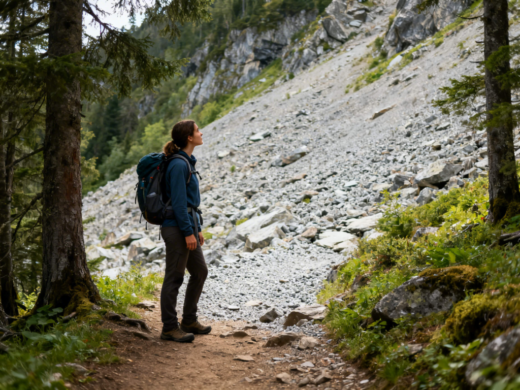 Intermediate hiker pauses at a backcountry terrain transition, calmly assessing rocky ground ahead before continuing.