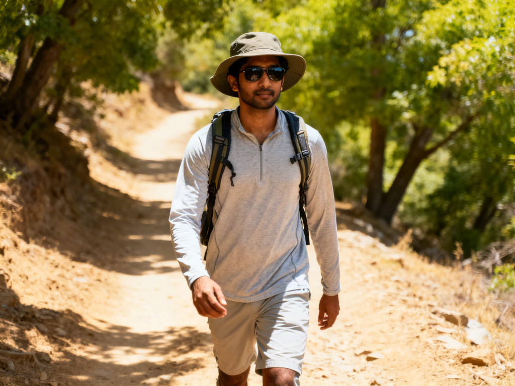 Beginner hiker wearing a breathable long-sleeve shirt, sun hat, and sunglasses while walking on a sunny summer trail.