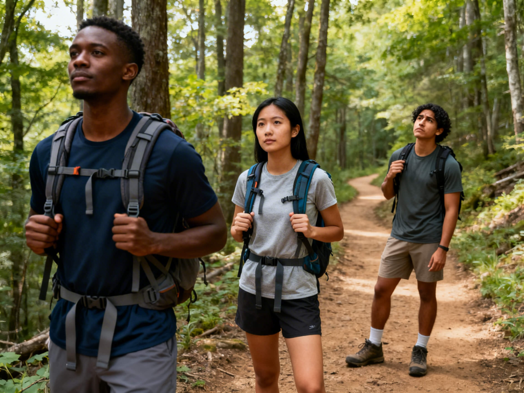 Three hikers pause on a forest trail, with one person hesitating slightly while the others look ahead confidently.