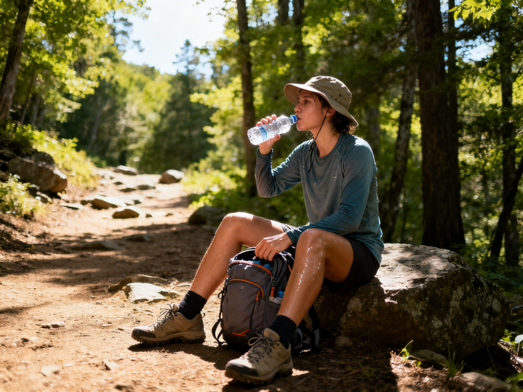 Beginner hiker resting in shaded area during a warm summer hike while drinking water to manage heat and energy.