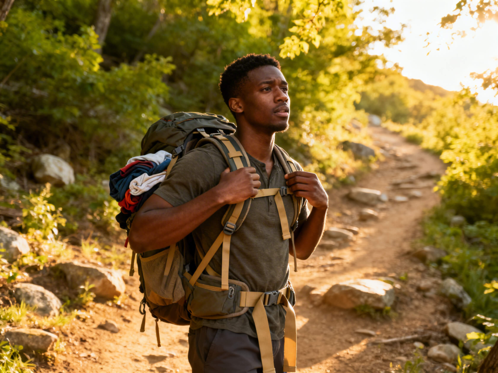 Beginner hiker adjusting an oversized backpack on a sunny summer trail after realizing they packed too much gear.