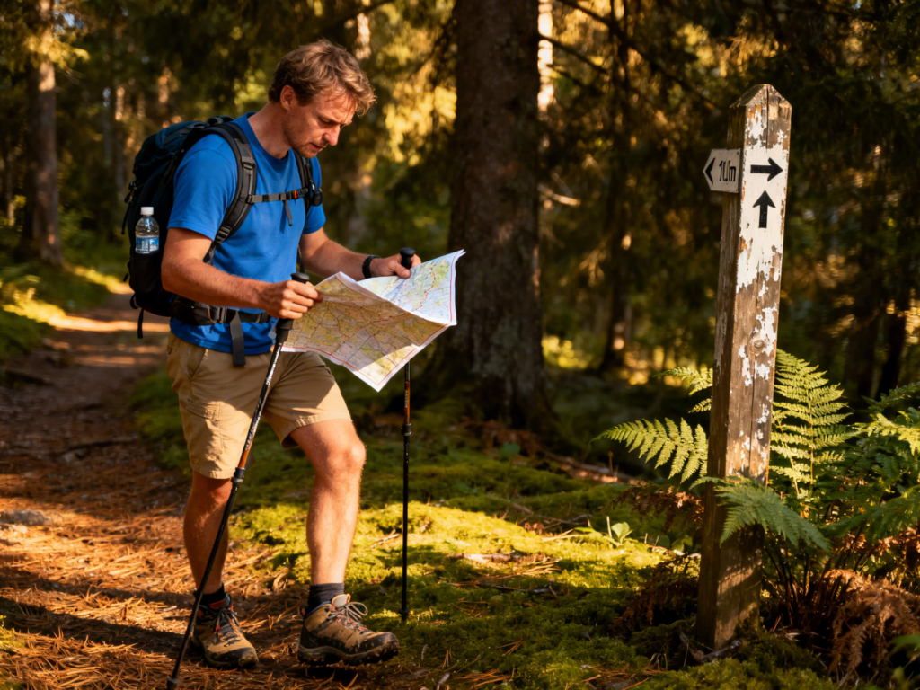 Experienced hiker walking past a subtle trail marker while checking a map on a wooded backcountry path in natural daylight.