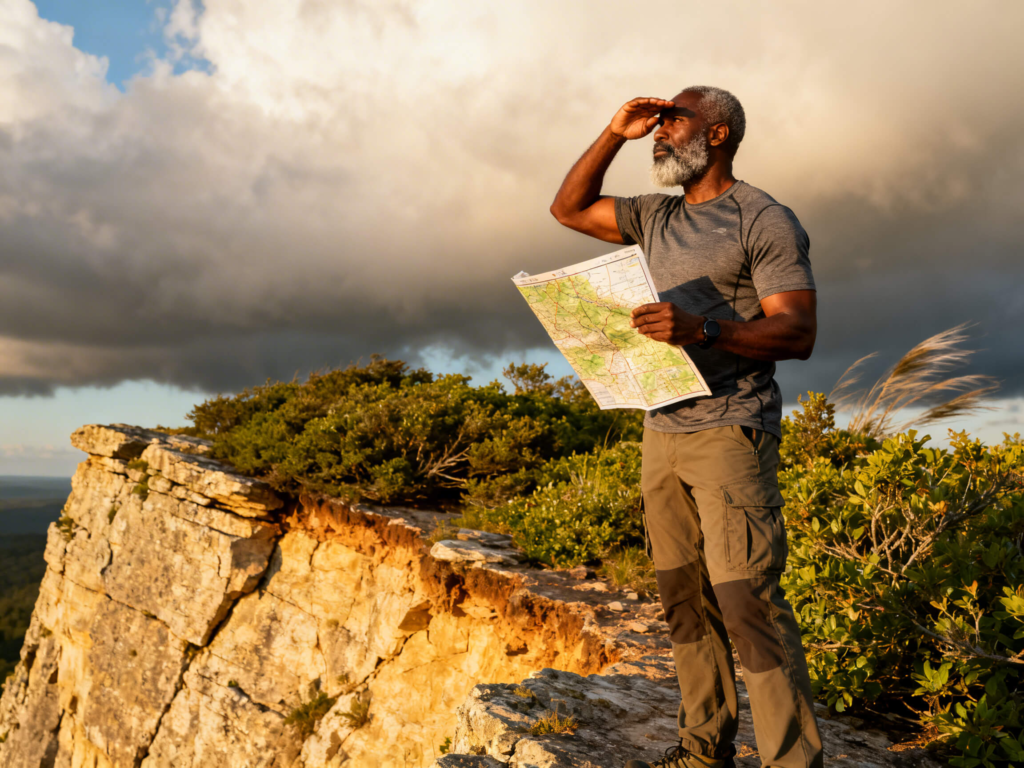 Backpacker pausing on an exposed alpine ridge while assessing terrain and weather conditions in natural daylight.