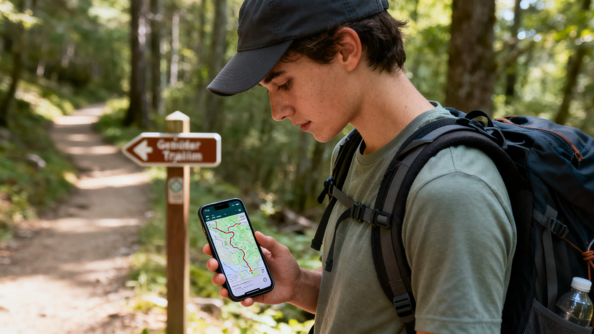 Beginner hiker checking a trail navigation app on a smartphone at a marked trailhead, preparing for a safe and well-planned hike.