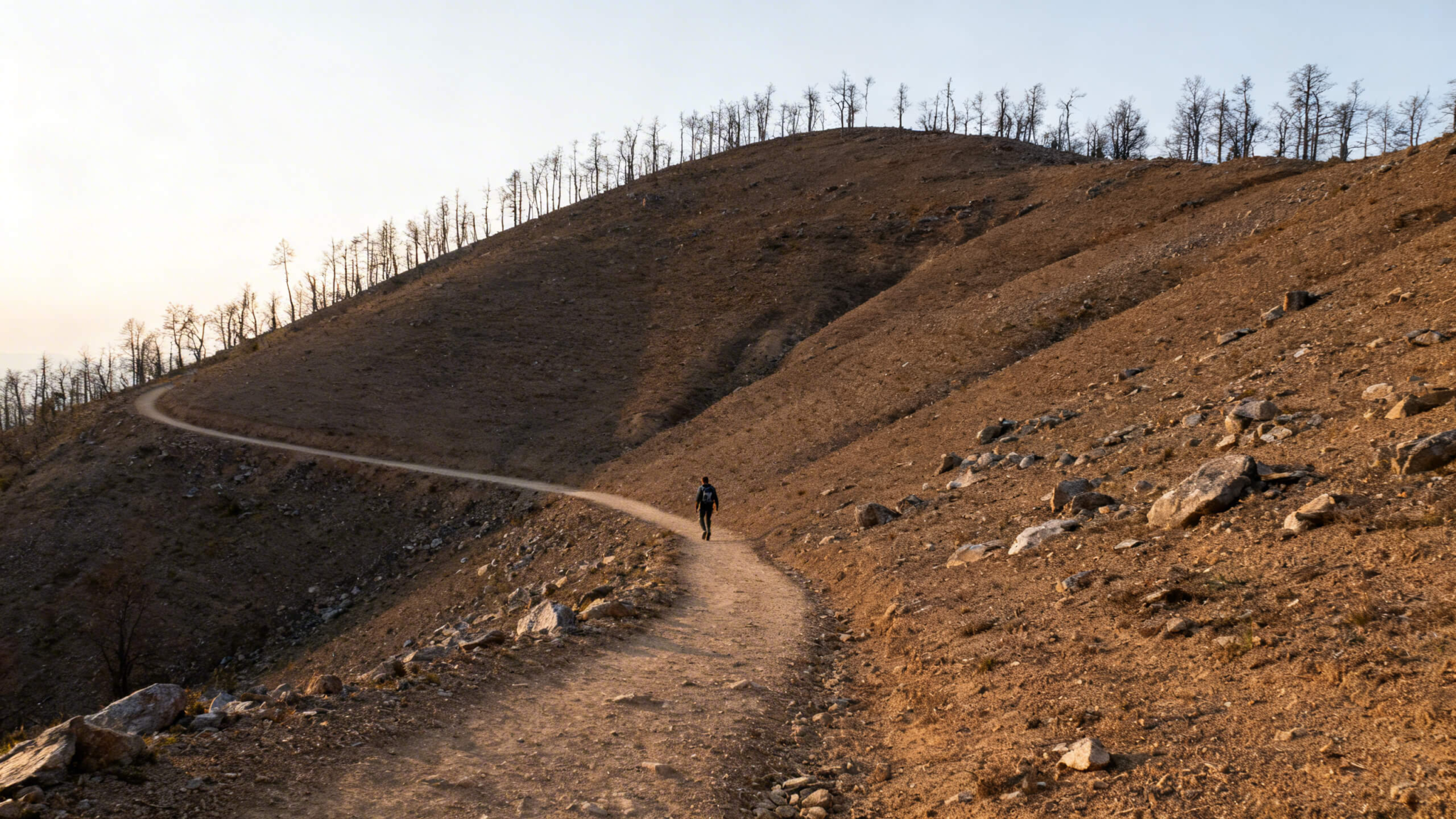 Hiker walking along a hillside path showing subtle terrain shifts while learning to read a hiking trail.Wide landscape of a hiking trail crossing a hillside with visible terrain changes and a small hiker walking in soft natural light.