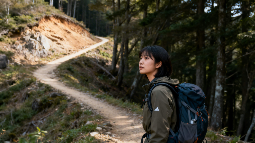 Hiker paused at a fork in a mountain trail deciding whether to turn around on a hike before exposure increases.