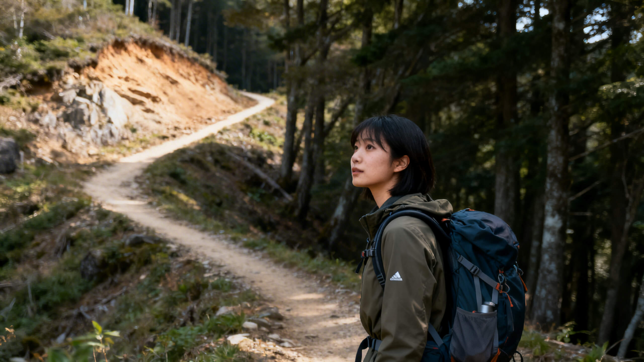 Hiker paused at a fork in a mountain trail deciding whether to turn around on a hike before exposure increases.
