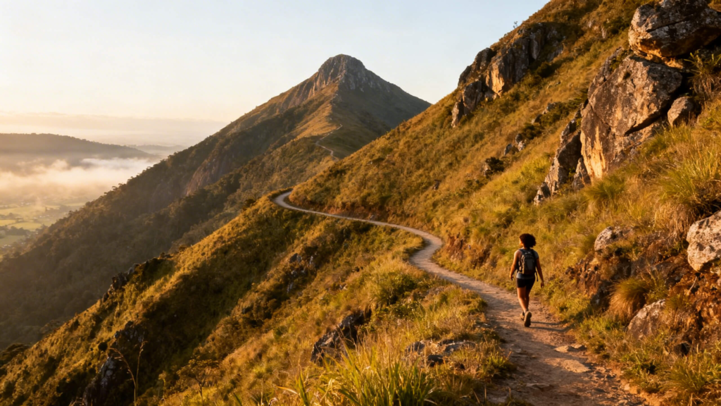 Wide mountain trail with lone hiker moving at a controlled pace toward a distant summit ridge.