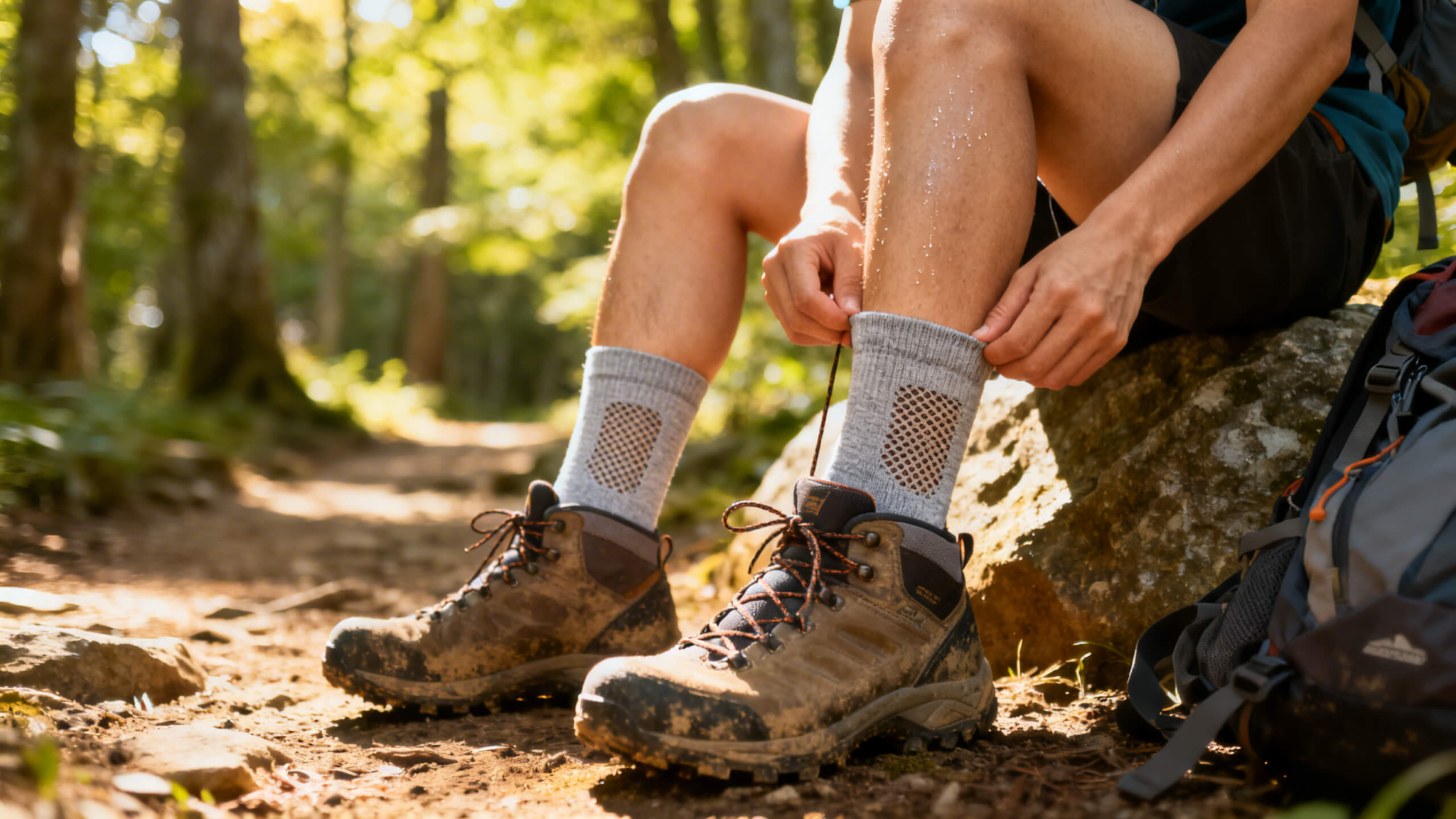 Beginner hiker adjusting lightweight breathable hiking socks before a summer trail hike.