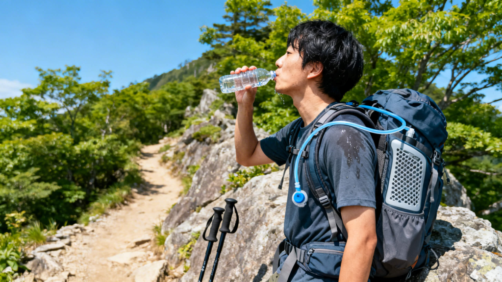 Hiker using a lightweight hydration pack with hydration hose on a hot summer trail, demonstrating efficient hydration and balanced load support.