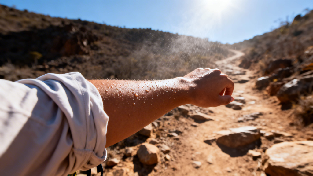 Close-up of sweat forming on a hiker’s arm during extreme heat exposure on a rocky summer trail.