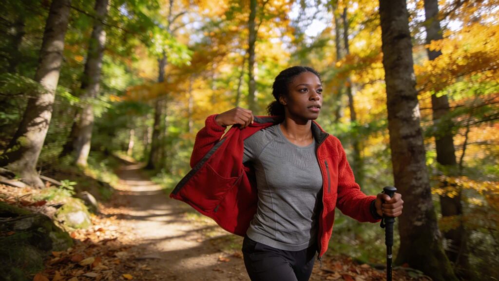 hiker removing a layer while hiking to regulate body temperature during changing fall conditions