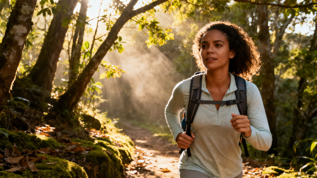 Hiker slowing pace in shaded forest trail during summer heat to regulate body temperature.