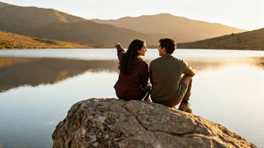 Couple resting on a rock overlooking a lake while reconnecting during a hiking trip.