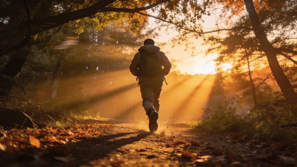 hiker on forest trail during sunset with fading daylight in fall hiking conditions