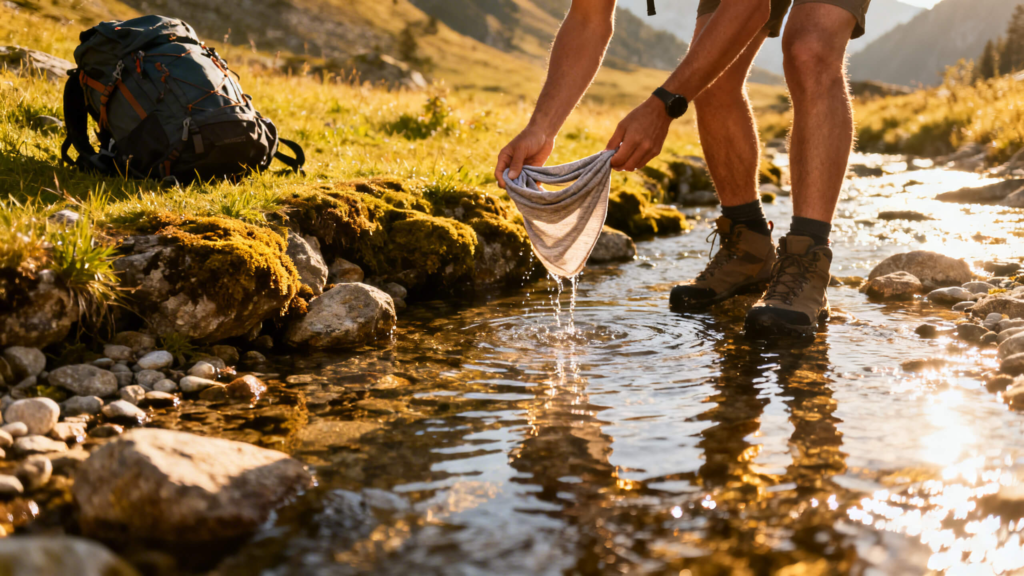 Hiker soaking neck gaiter in a cool stream to use evaporative cooling during hot weather hiking.