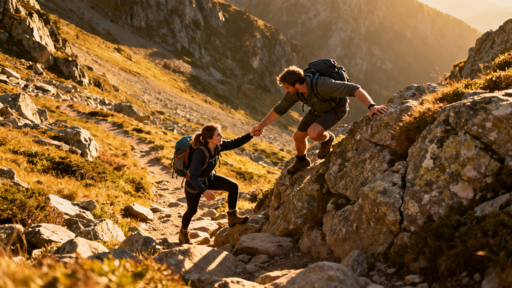 Hikers helping each other climb a rocky trail showing teamwork and trust during an outdoor adventure.