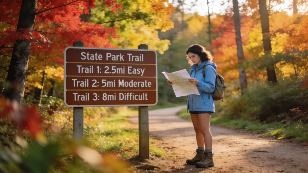 beginner hiker reading trailhead sign at state park before starting a fall hike