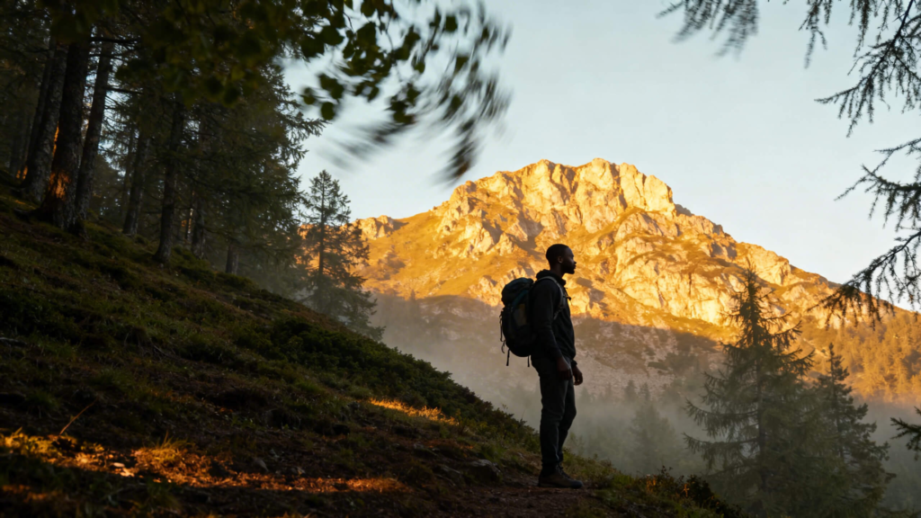 Hiker standing in shaded north-facing slope during summer heat while exposed ridge remains in direct sunlight.