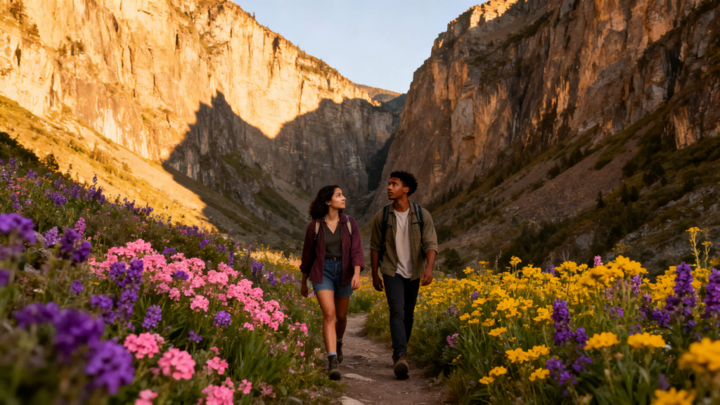 Travelers walking through a mountain valley while exploring new places together.