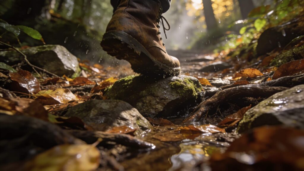 wet leaves covering rocks and roots creating slippery conditions on a fall hiking trail