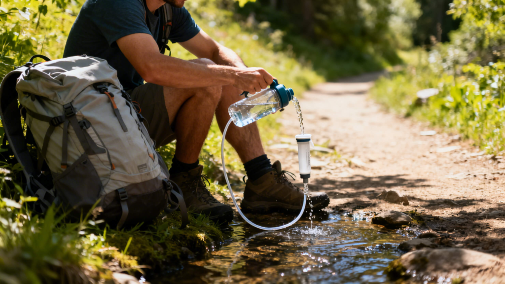 Hiker refilling water bottle from mountain stream during summer heat to maintain hydration.