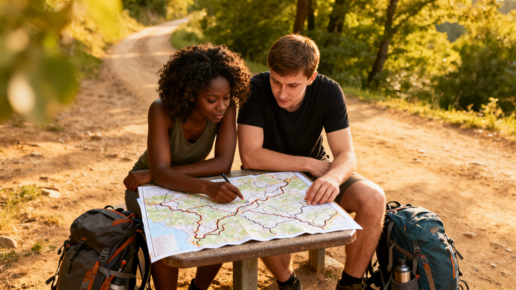 Hikers planning their route together during a travel adventure highlighting communication and partnership.