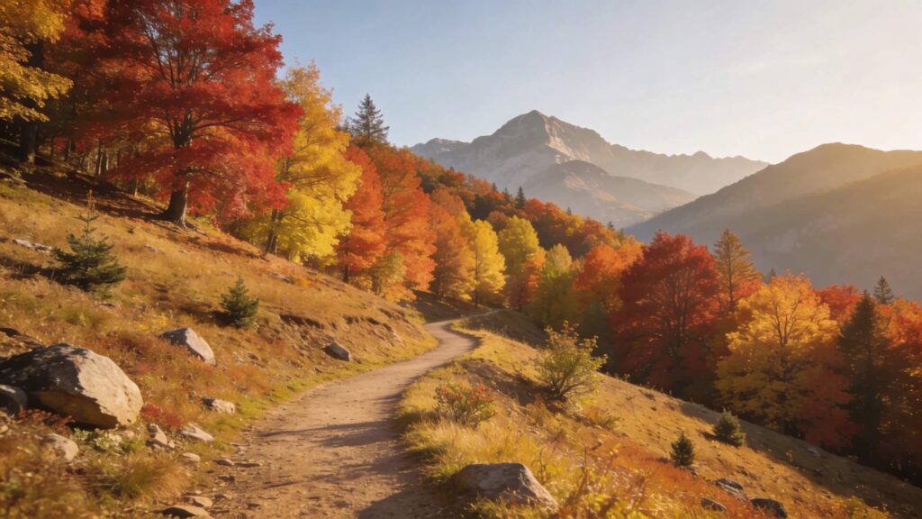 scenic fall hiking trail with mountain views and colorful foliage in beginner-friendly terrain