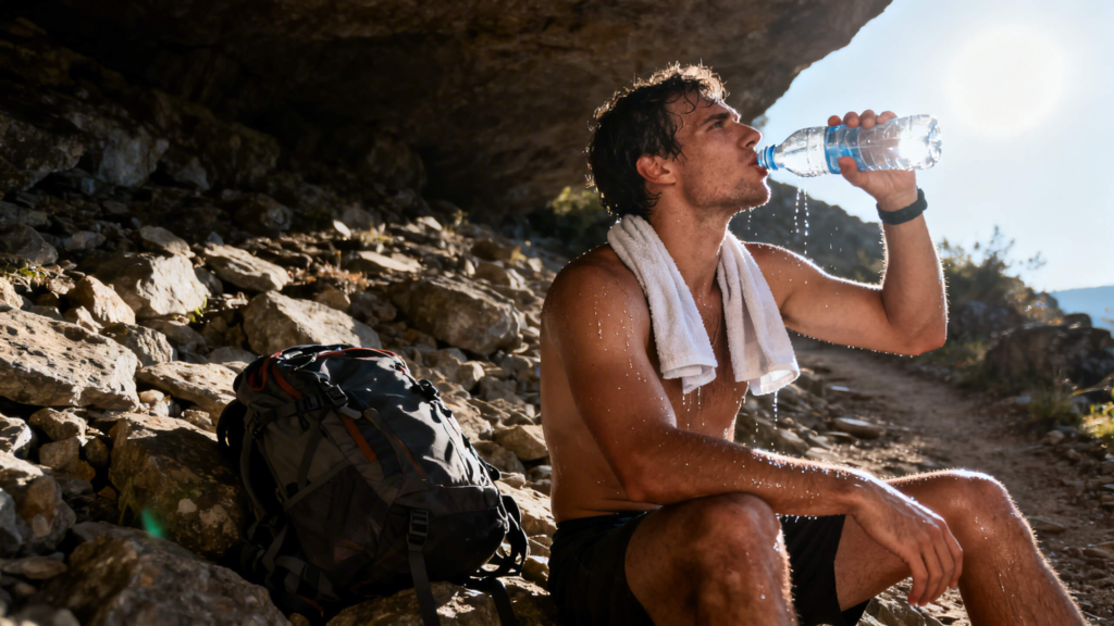 Hiker resting in shade with damp cloth around neck after experiencing early signs of heat exhaustion.
