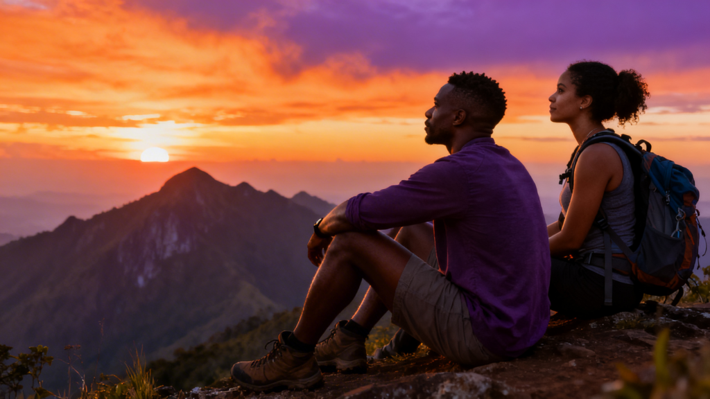 Hikers watching a sunset after a hike symbolizing shared memories and meaningful experiences.