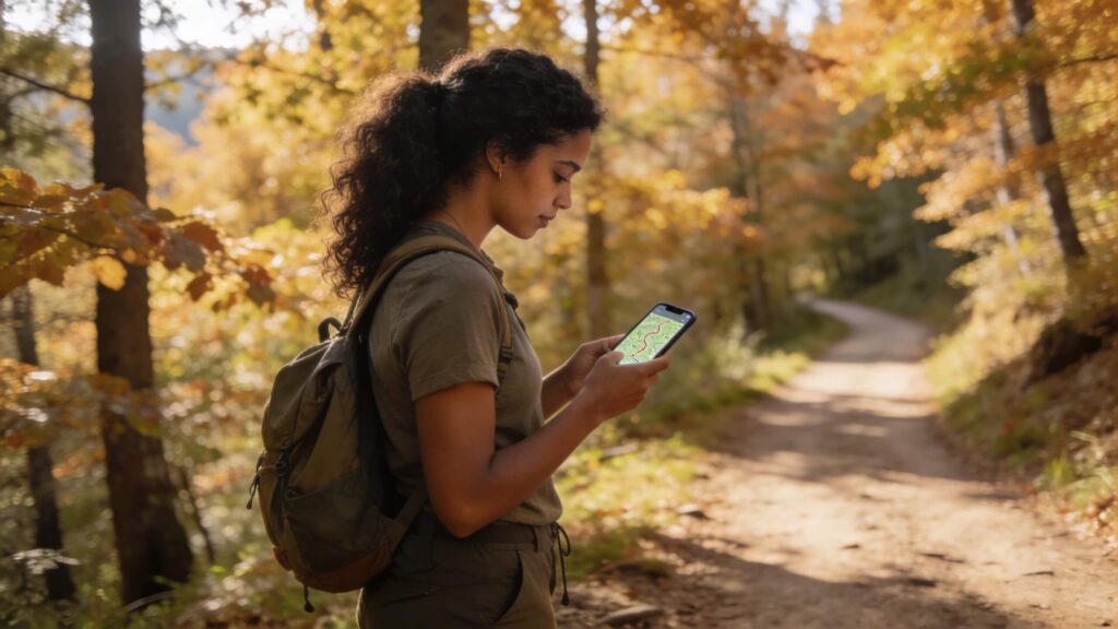 beginner hiker checking trail map at forest trailhead during early fall hike with changing trail conditions