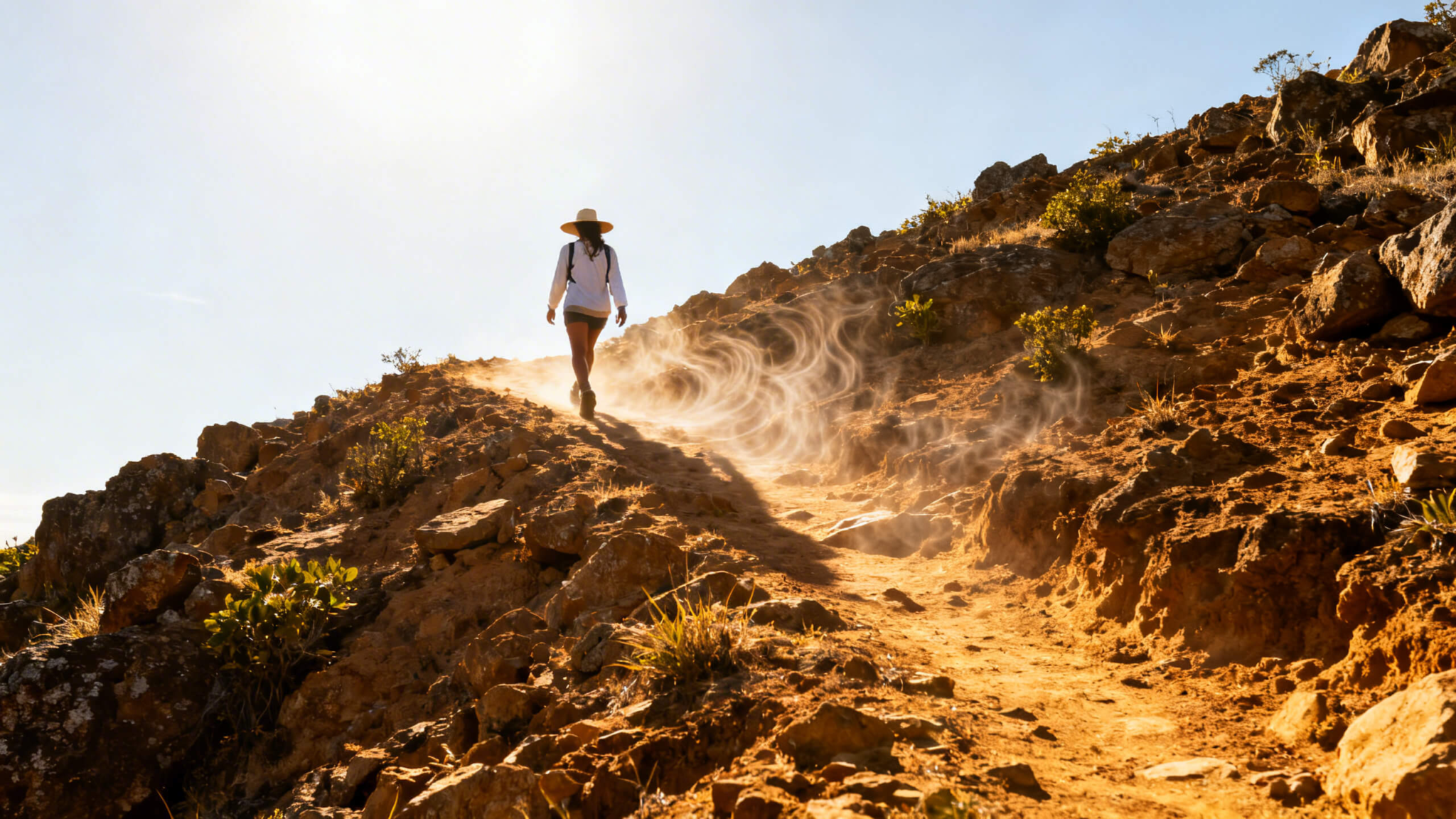 Hiker walking on an exposed summer trail under direct sunlight during extreme heat conditions.