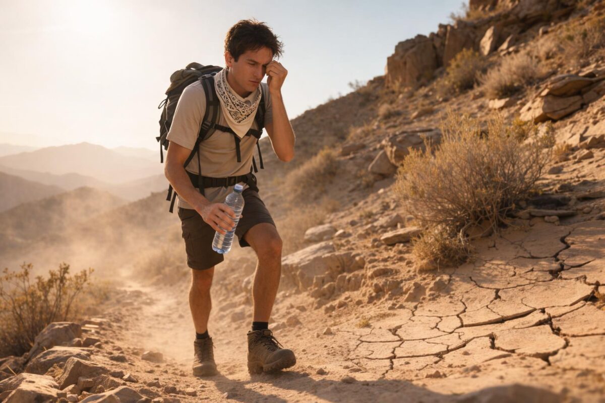 Hiker resting on a hot exposed trail during extreme summer heat while drinking water and cooling down during a hot weather hike.