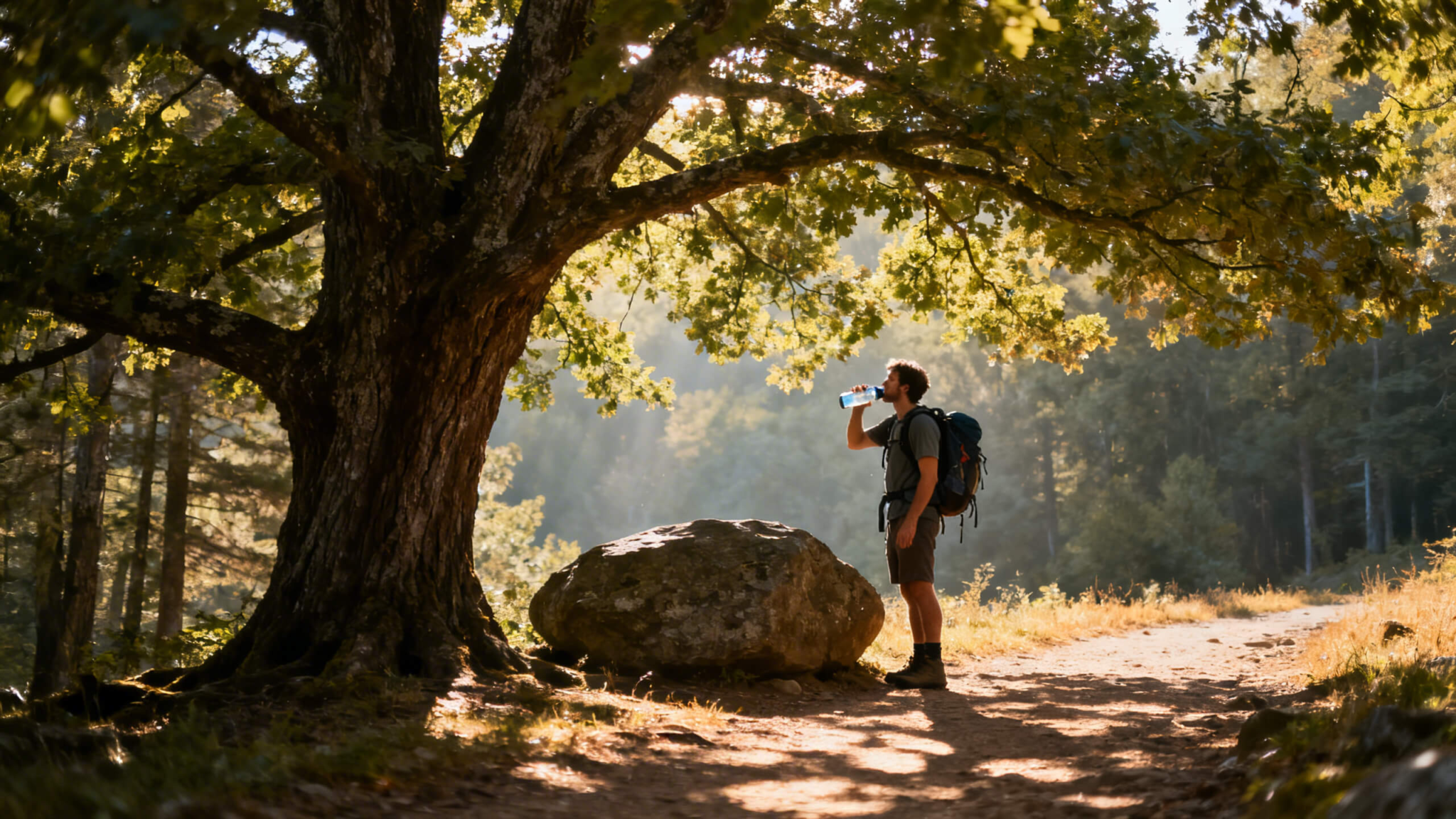 Hiker stepping into shade on a hot summer trail while cooling down and drinking water during extreme heat hiking.
