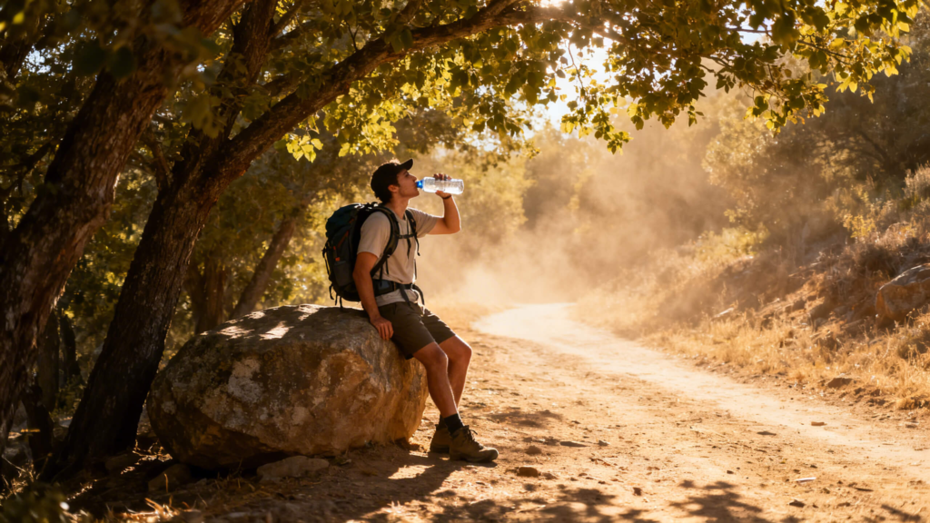 Hiker drinking water while hiking in hot weather to stay hydrated and prevent dehydration during extreme heat on a summer trail.