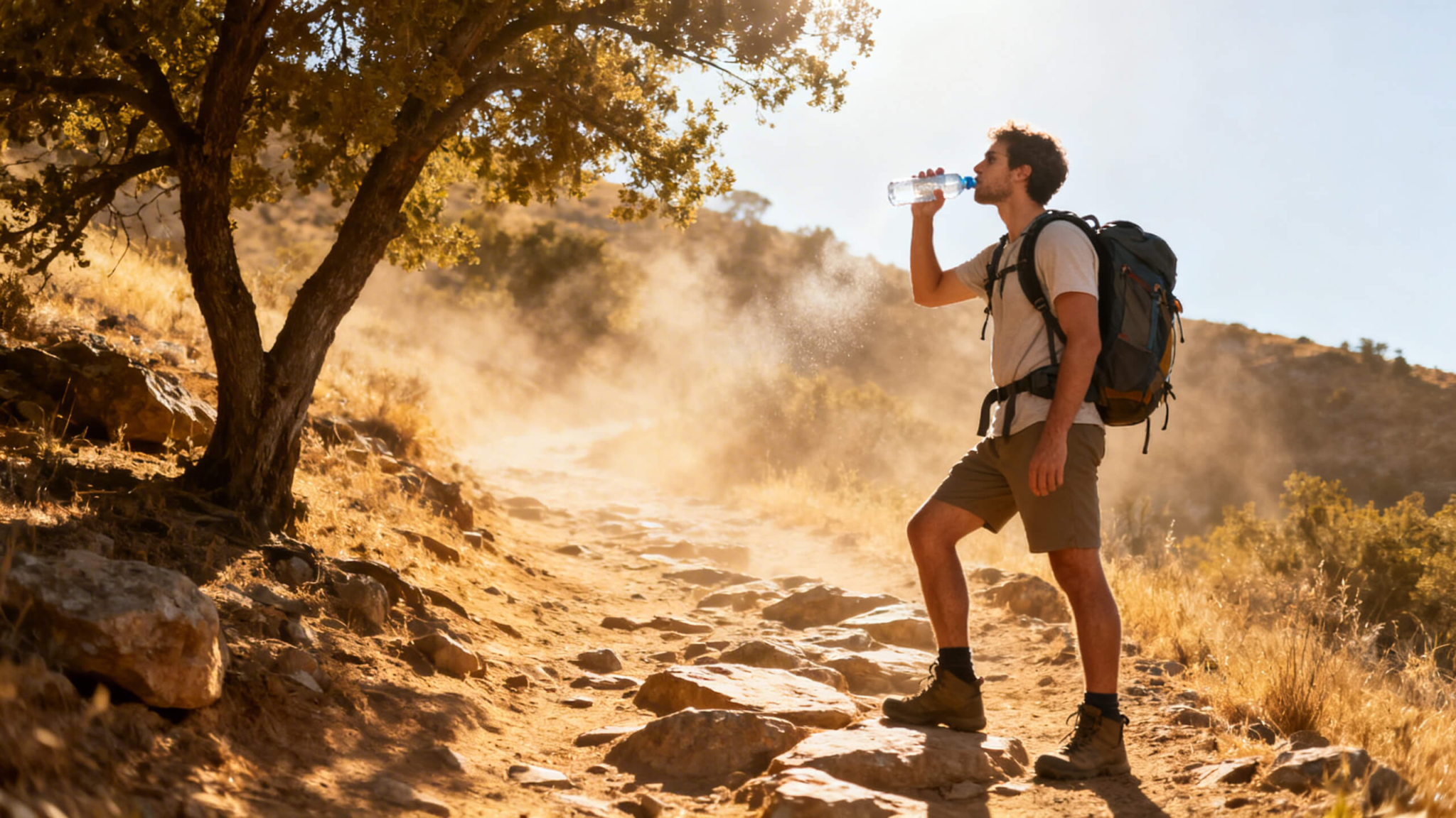 Hiker drinking water on a hot summer trail while managing hydration and heat exhaustion risk during hiking in hot weather.